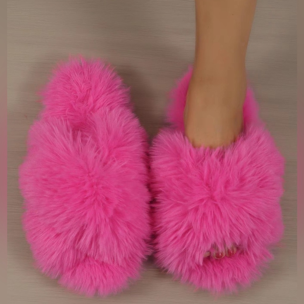 Pink Fluffy Cross Strap Slippers